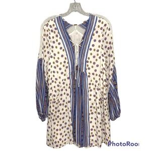 Free People Dress Rain Shine Size S Boho Tunic Multicolor Balloon Sleeve Lace Up